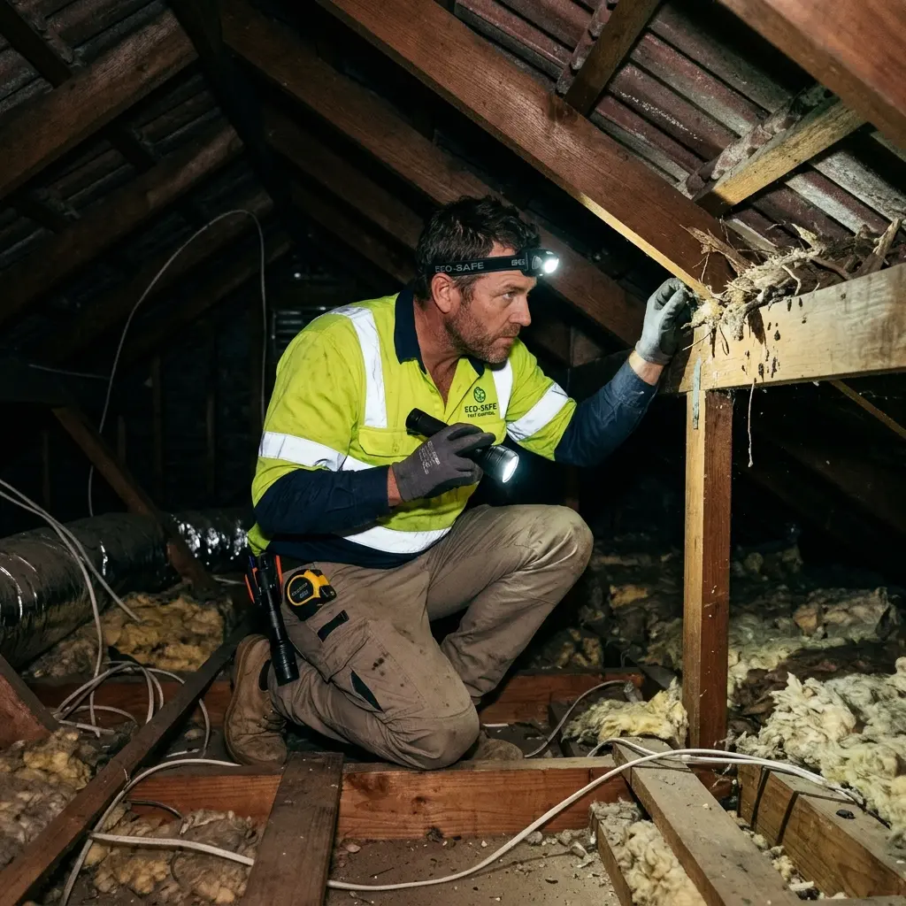 Technician inspecting a roof cavity for a dead animal in Bylands