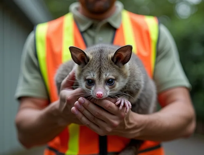 Animal handler safely recovering a deceased possum in Bylands