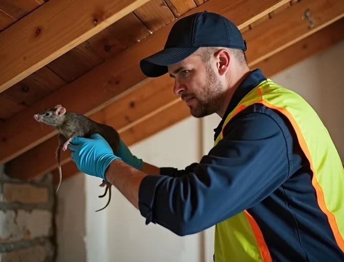 Technician inspecting a roof cavity for a dead rat in Bylands